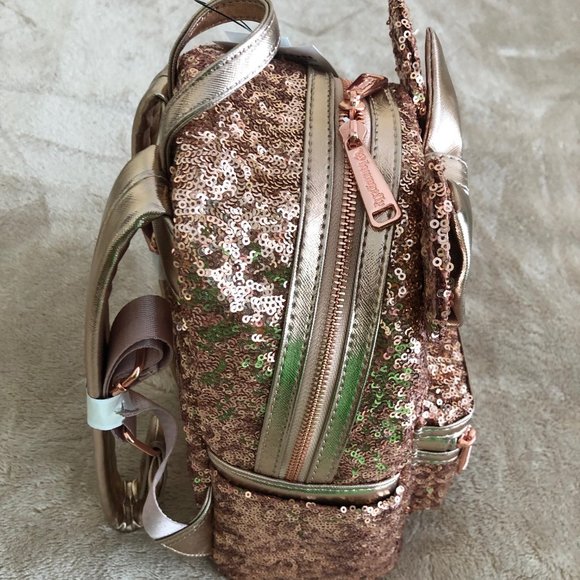 NWT Loungefly Disney Minnie Rose Gold Pink Sequin Mini Backpack Rare Heart Logo - Picture 7 of 8